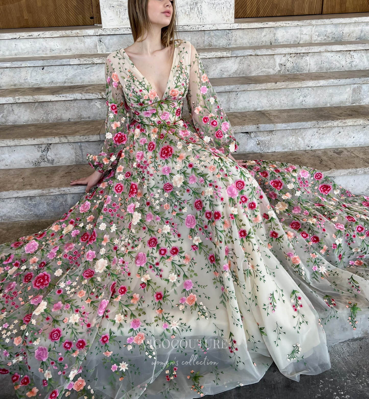 Prom Dress 2025 Champagne Floral Lace Prom Dresses Sheer Long Sleeve V-Neck 24478-unique elegant Prom Dresses-Champagne-Custom Size-vigocouture