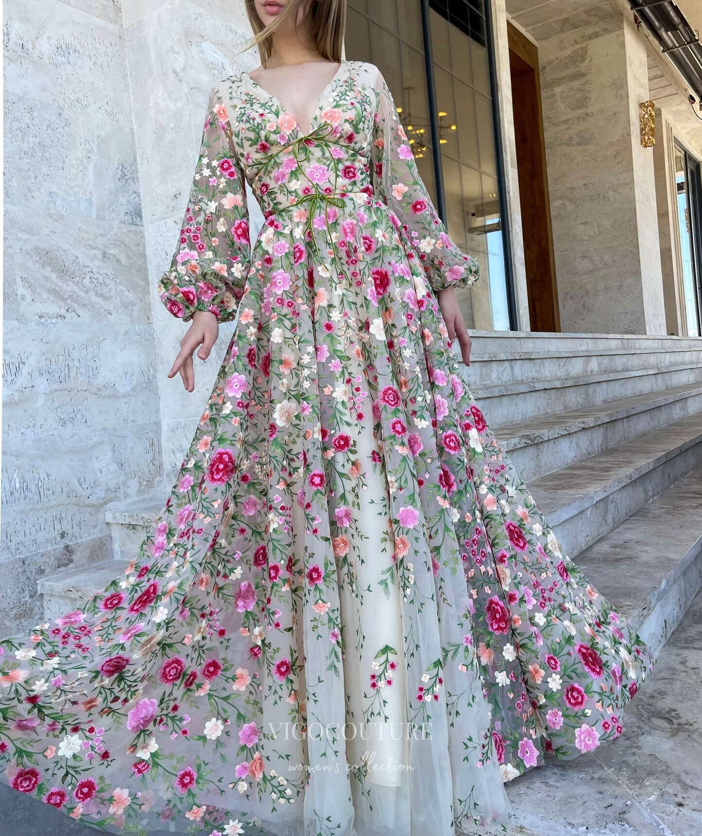 Prom Dress 2025 Champagne Floral Lace Prom Dresses Sheer Long Sleeve V-Neck 24478-unique elegant Prom Dresses-Champagne-Custom Size-vigocouture