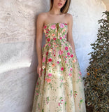 Prom Dress 2025 Champagne Floral Lace Prom Dresses Strapless Maxi Dress 24480-unique elegant Prom Dresses-Champagne-Custom Size-vigocouture