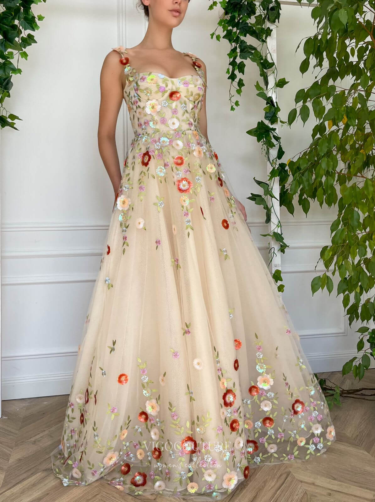 Prom Dress 2025 Champagne Floral Lace Prom Dresses with Pockets and Slit Spaghetti Strap 24473-unique elegant Prom Dresses-Champagne-Custom Size-vigocouture