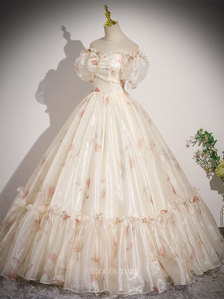 Champagne Floral Organza Prom Dresses with Puffed Sleeve, Off the Shou – vigocouture