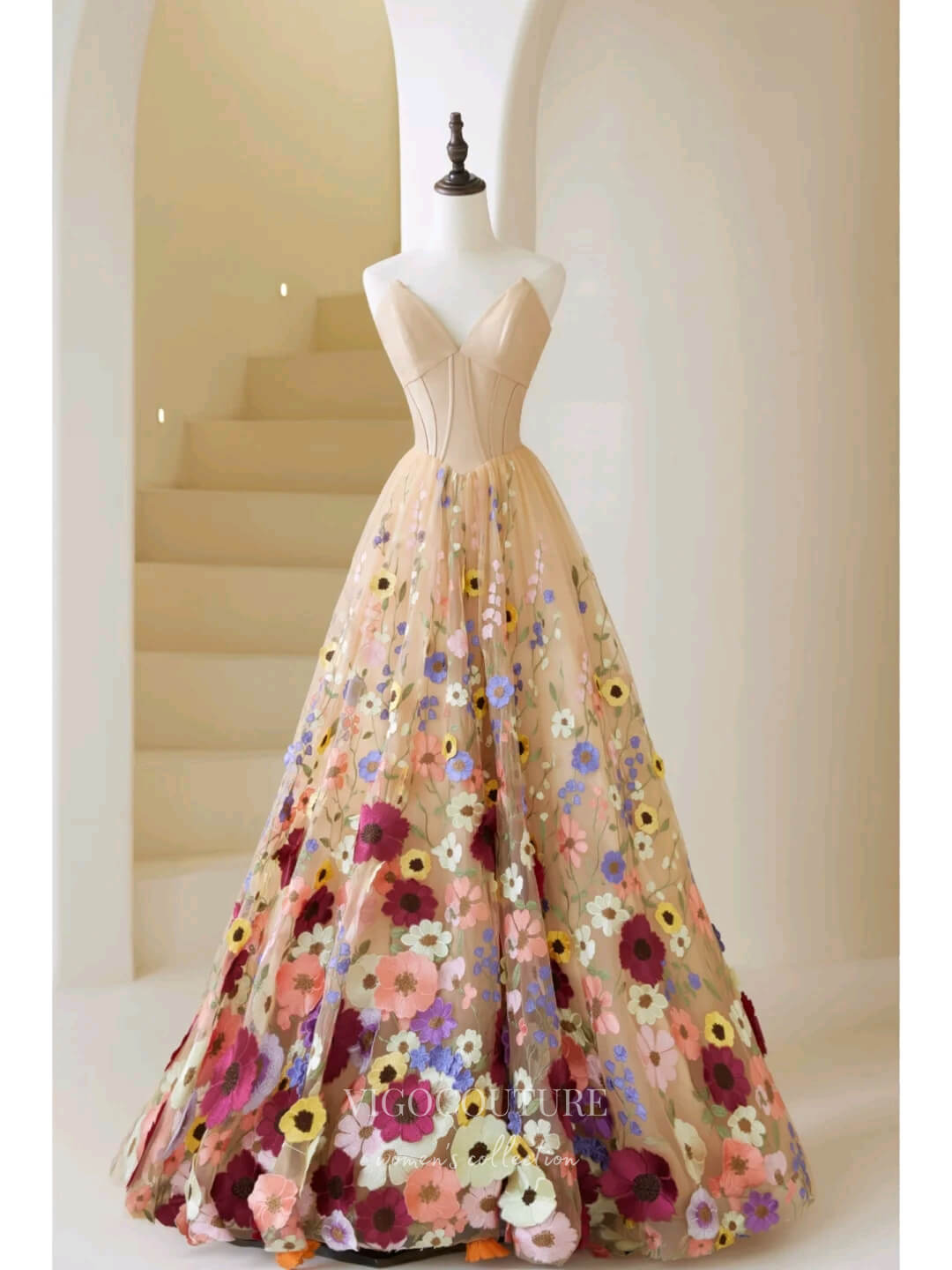 Champagne Floral Prom Dresses Strapless Formal Dress 22043 Champagne / US10 Champagne Floral Prom Dresses Strapless Formal Dress 22043 Champagne / US10