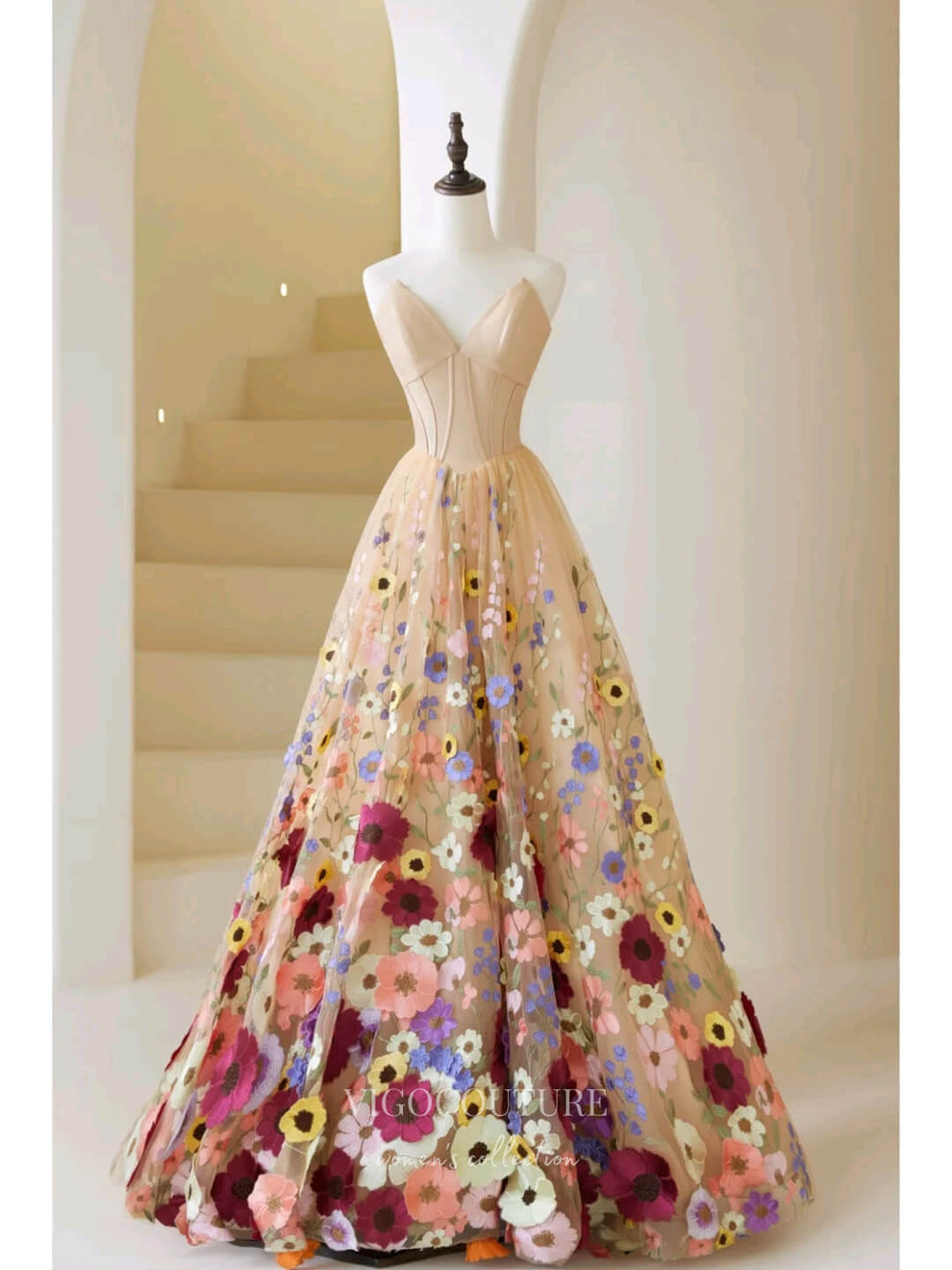 Champagne Floral Prom Dresses Strapless Formal Dress 22043 – vigocouture