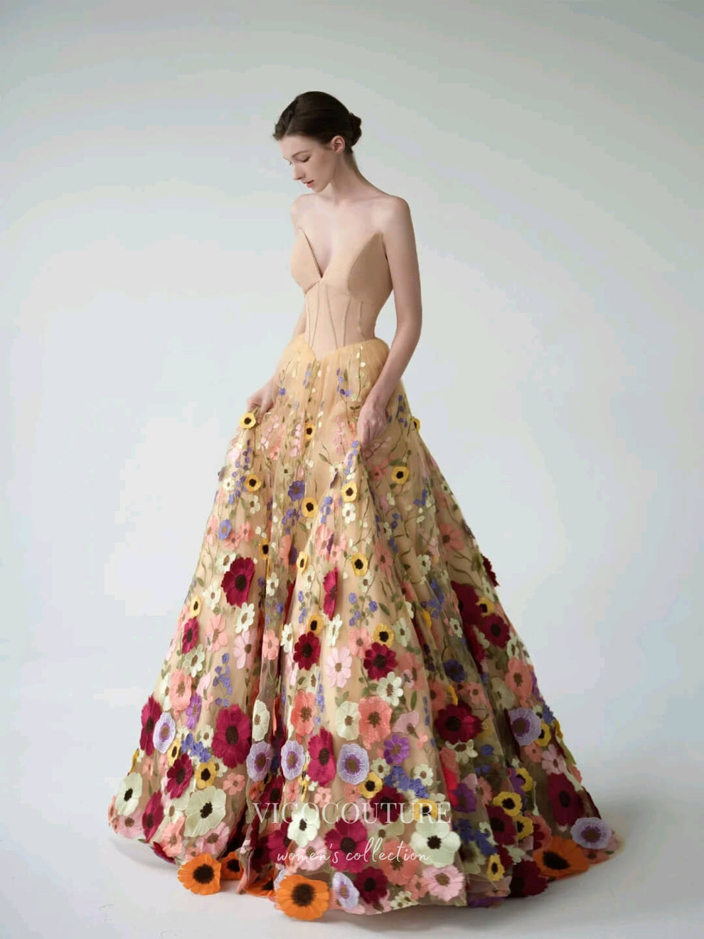 Champagne Strapless A Line 3D Flowers Plus Size Long Prom Dress with Removable Sleeves
