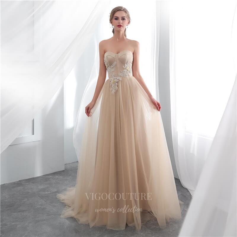 Prom Dress 2025 Champagne Floral Strapless Prom Dress 20300-unique elegant Prom Dresses-Champagne-US2-vigocouture