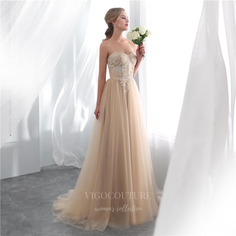 Prom Dress 2025 Champagne Floral Strapless Prom Dress 20300-unique elegant Prom Dresses-Champagne-US2-vigocouture