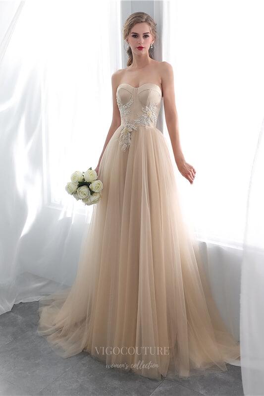 Prom Dress 2025 Champagne Floral Strapless Prom Dress 20300-unique elegant Prom Dresses-Champagne-US2-vigocouture