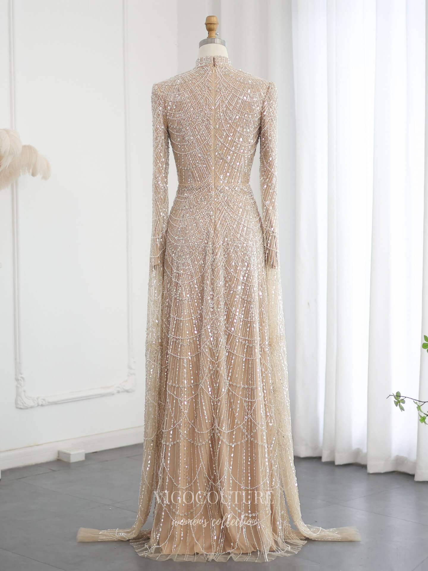 Prom Dresses 2025 to impress Champagne Fully Beaded Illusion Sheath Evening Gown with Geometric Beadwork, Long Fitted Sleeves & High Neck – 26041-vigocouture-vigocouture