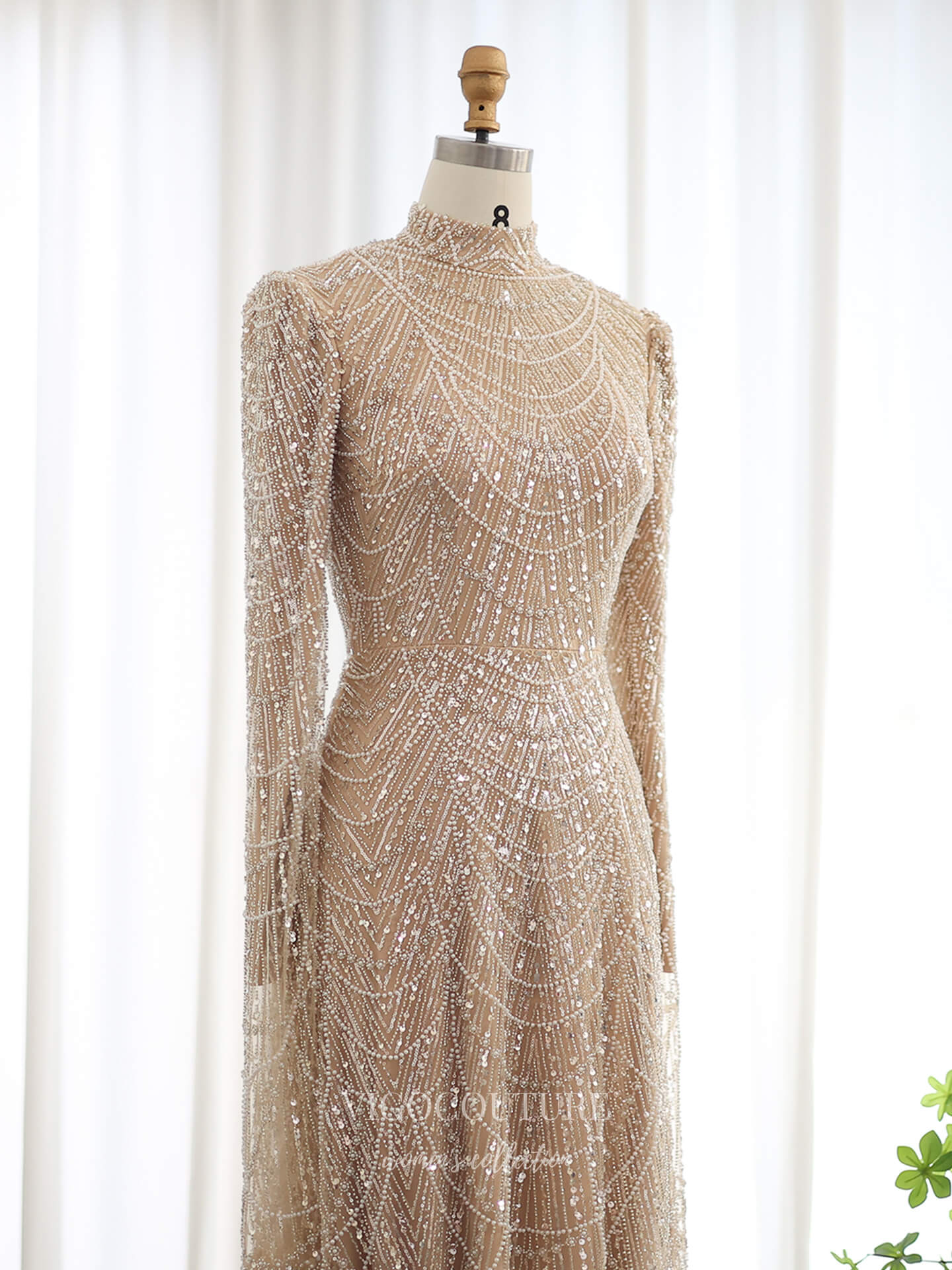 Prom Dresses 2025 to impress Champagne Fully Beaded Illusion Sheath Evening Gown with Geometric Beadwork, Long Fitted Sleeves & High Neck – 26041-vigocouture-vigocouture