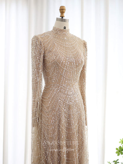 Prom Dresses 2025 to impress Champagne Fully Beaded Illusion Sheath Evening Gown with Geometric Beadwork, Long Fitted Sleeves & High Neck – 26041-vigocouture-vigocouture