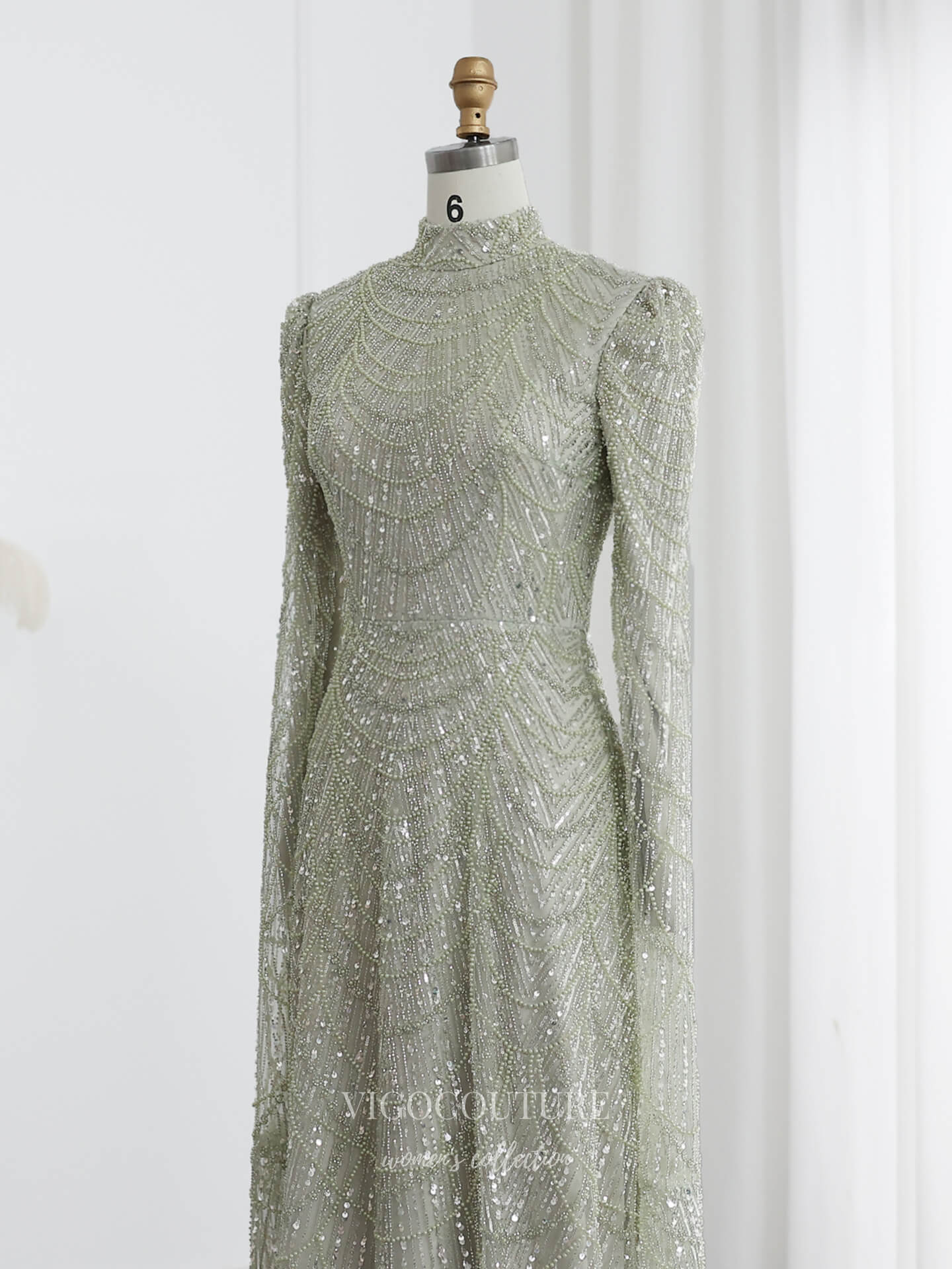 Prom Dresses 2025 to impress Champagne Fully Beaded Illusion Sheath Evening Gown with Geometric Beadwork, Long Fitted Sleeves & High Neck – 26041-vigocouture-vigocouture