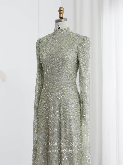 Prom Dresses 2025 to impress Champagne Fully Beaded Illusion Sheath Evening Gown with Geometric Beadwork, Long Fitted Sleeves & High Neck – 26041-vigocouture-vigocouture