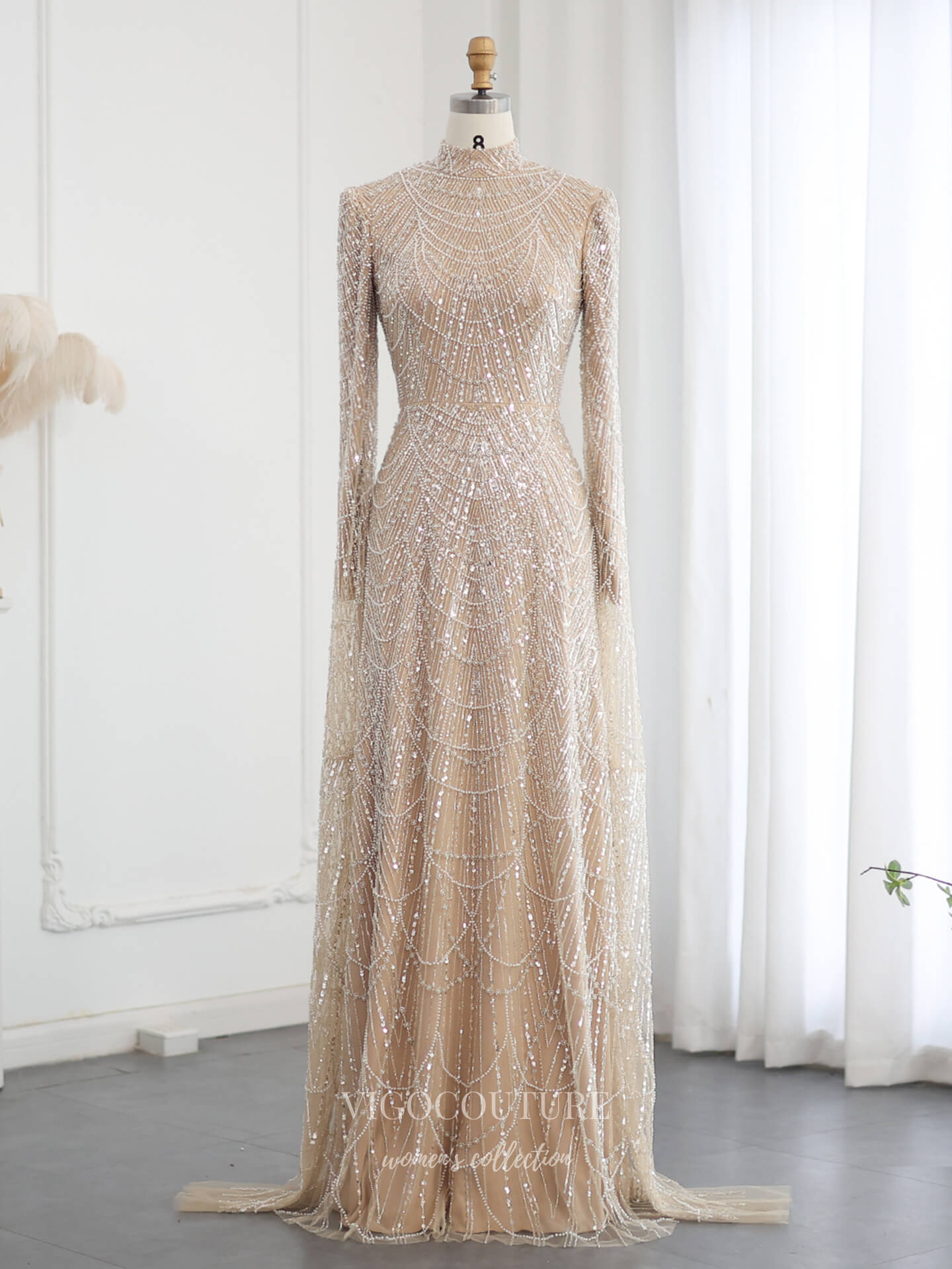 Champagne Fully Beaded Illusion Sheath Evening Gown with Geometric Beadwork, Long Fitted Sleeves & High Neck – 26041