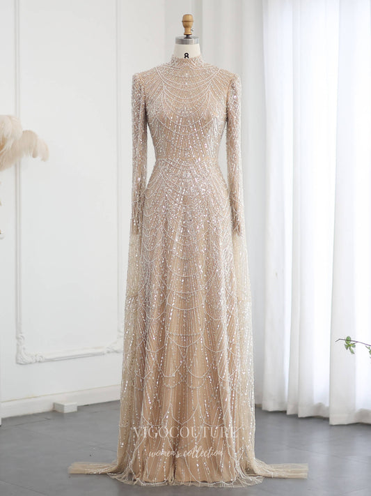 Champagne Fully Beaded Illusion Sheath Evening Gown with Geometric Beadwork, Long Fitted Sleeves & High Neck – 26041