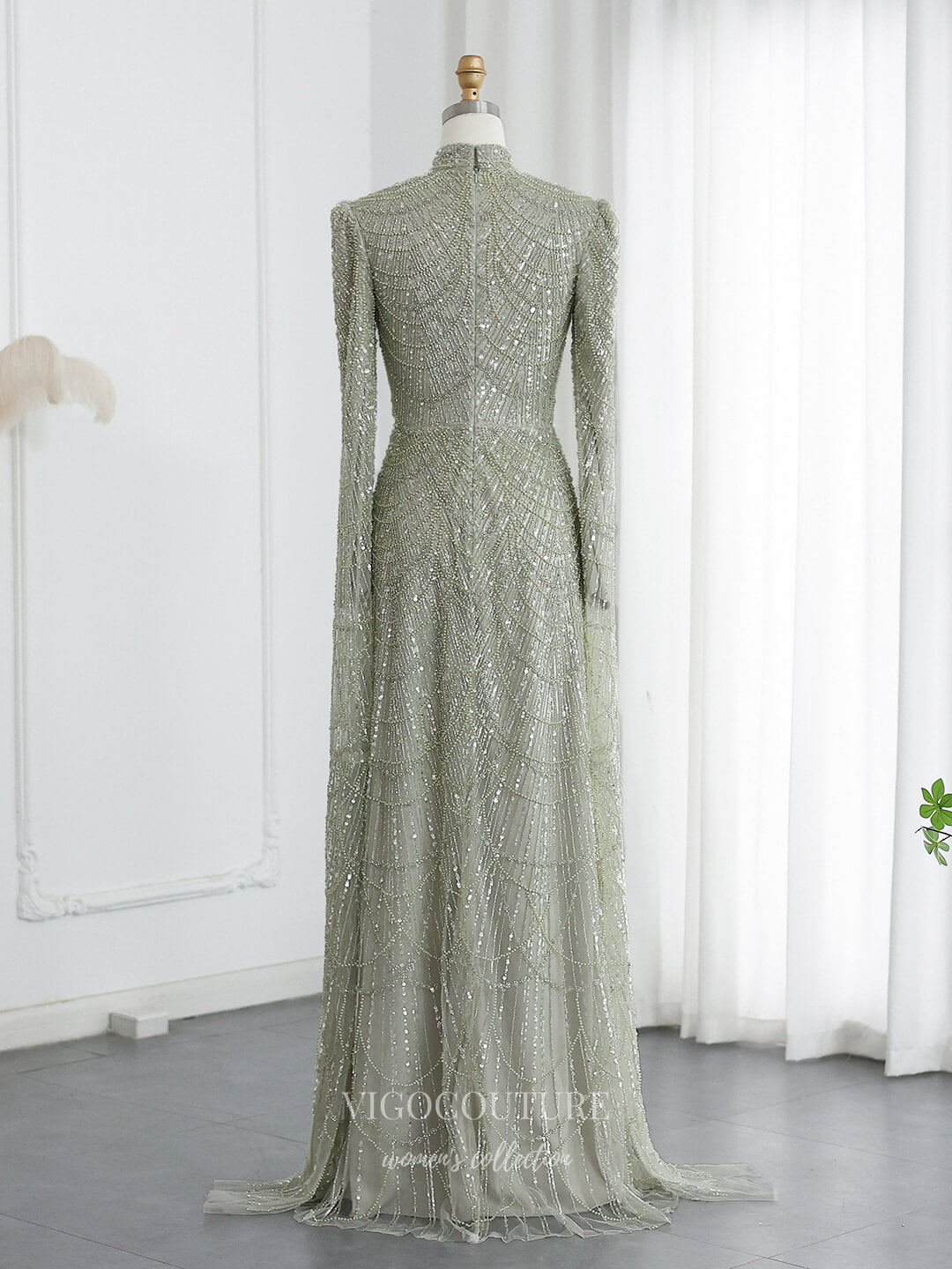 Prom Dresses 2025 to impress Champagne Fully Beaded Illusion Sheath Evening Gown with Geometric Beadwork, Long Fitted Sleeves & High Neck – 26041-vigocouture-Mint Green-US 2-vigocouture