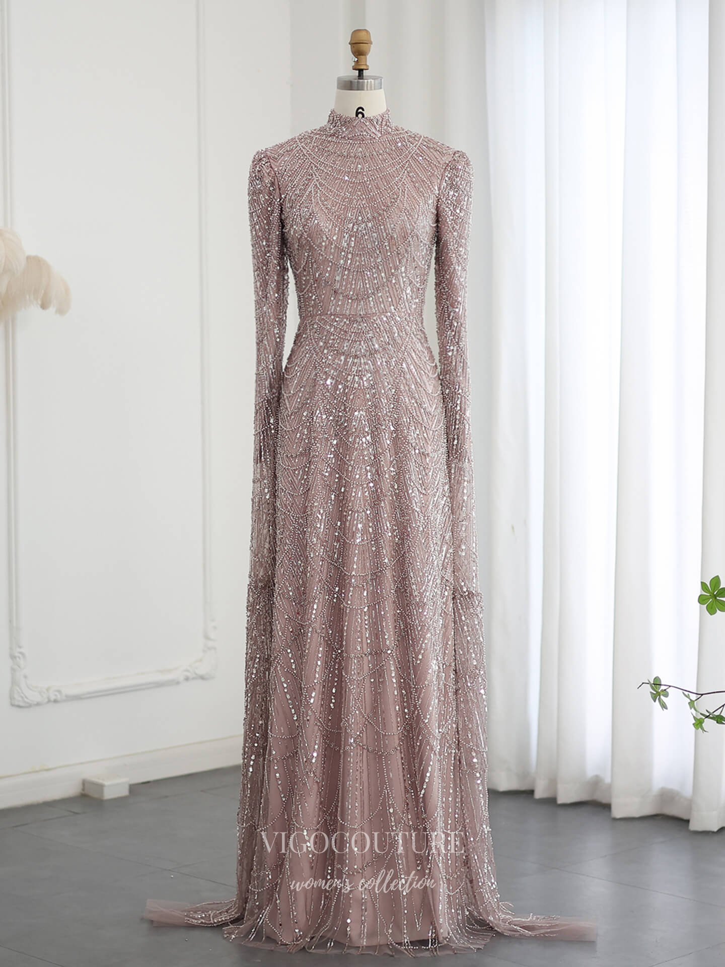 Prom Dresses 2025 to impress Champagne Fully Beaded Illusion Sheath Evening Gown with Geometric Beadwork, Long Fitted Sleeves & High Neck – 26041-vigocouture-Pink-US 2-vigocouture