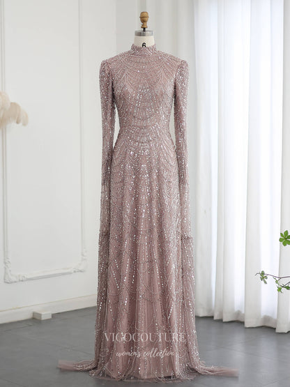 Prom Dresses 2025 to impress Champagne Fully Beaded Illusion Sheath Evening Gown with Geometric Beadwork, Long Fitted Sleeves & High Neck – 26041-vigocouture-Pink-US 2-vigocouture