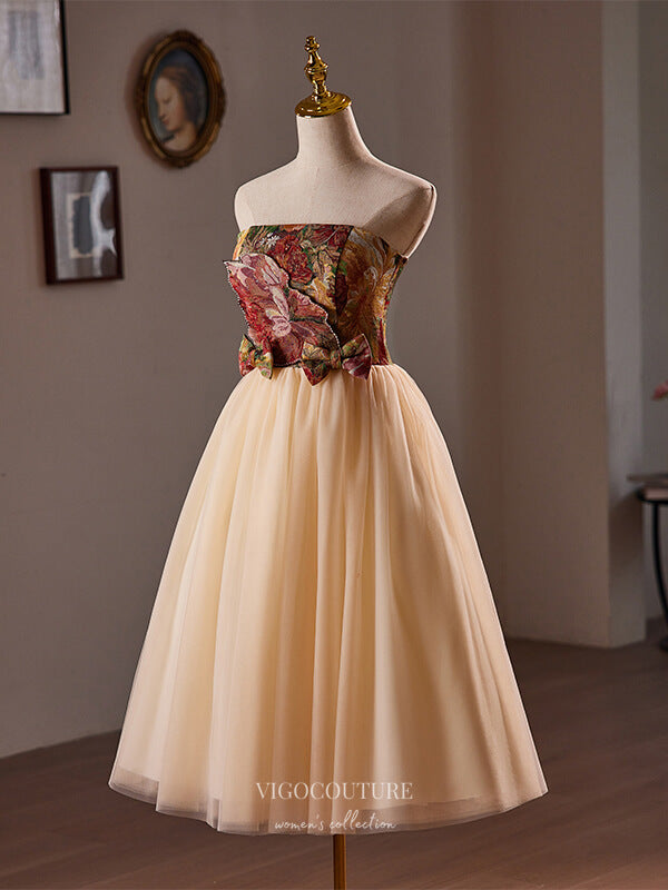 Champagne Jacquard Satin Homecoming Dress Strapless Bow-Tie Graduation Dress hc342 Custom Colors / 26W Champagne Jacquard Satin Homecoming Dress Strapless Bow-Tie Graduation Dress hc342 Custom Colors / 26W