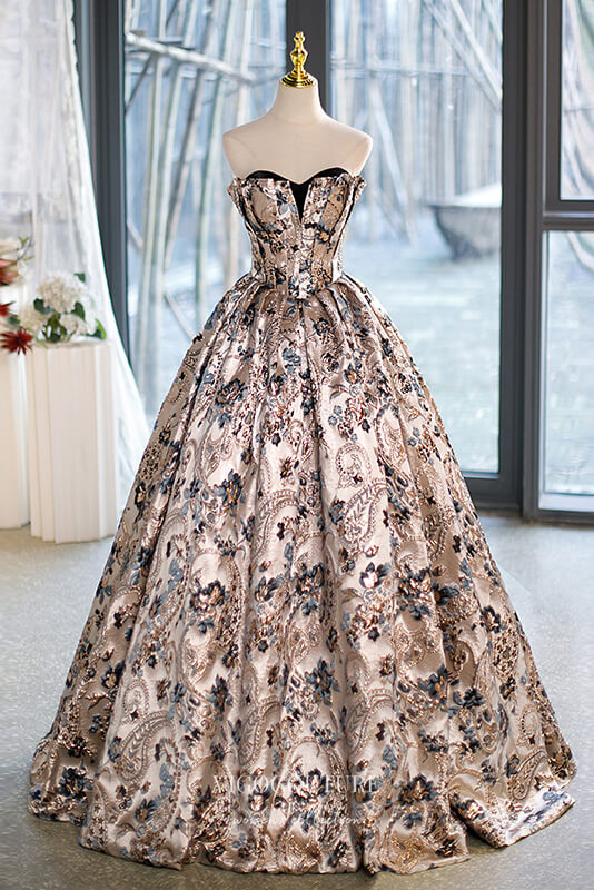 Prom Dress 2025 Champagne Jacquard Satin Prom Dresses Strapless Quinceanera Dress 22355-unique elegant Prom Dresses-Champagne-Custom Size-A-Line-vigocouture