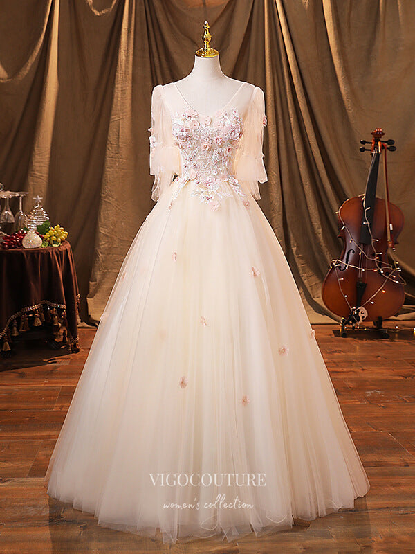 Champagne Lace Applique Quinceanera Dresses Long Sleeve Sweet 15 Dress vigocouture Champagne Lace Applique Quinceanera Dresses Long Sleeve Sweet 15 Dress vigocouture