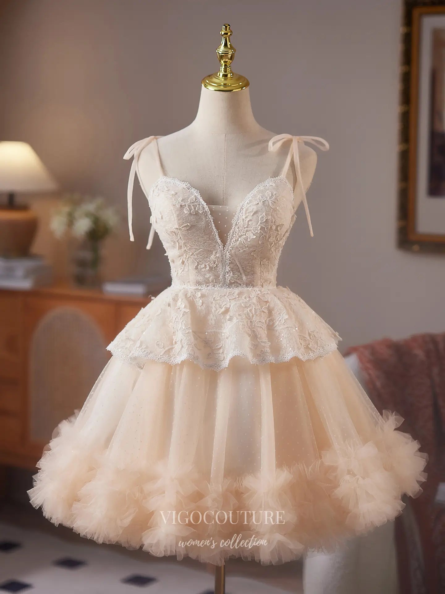 Champagne Lace Homecoming Dress with Plunging Neckline & Ruffled Tulle Hem – HC487