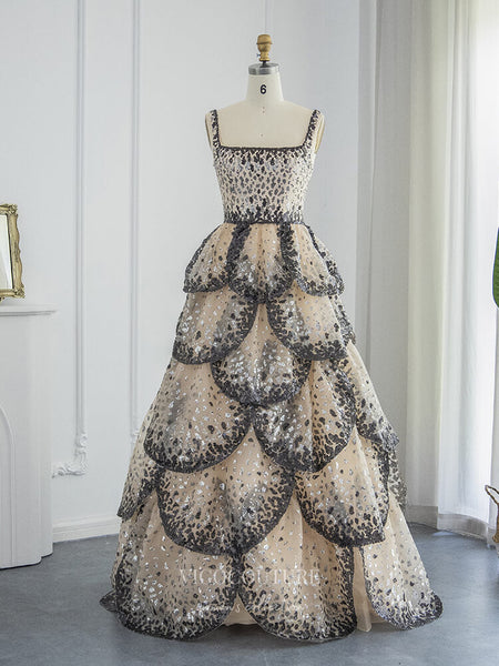 Champagne Layered Prom Dresses Square Neck Formal Gown 22165 – vigocouture