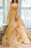 Champagne Layered Ruffle Prom Dresses Spaghetti Strap Evening Dress 21679