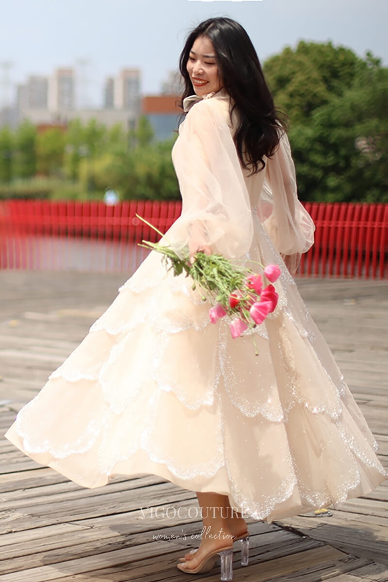 Champagne Layered Tea-Length Prom Dresses Long Sleeve Evening Dress 22 vigocouture Champagne Layered Tea-Length Prom Dresses Long Sleeve Evening Dress 22 vigocouture