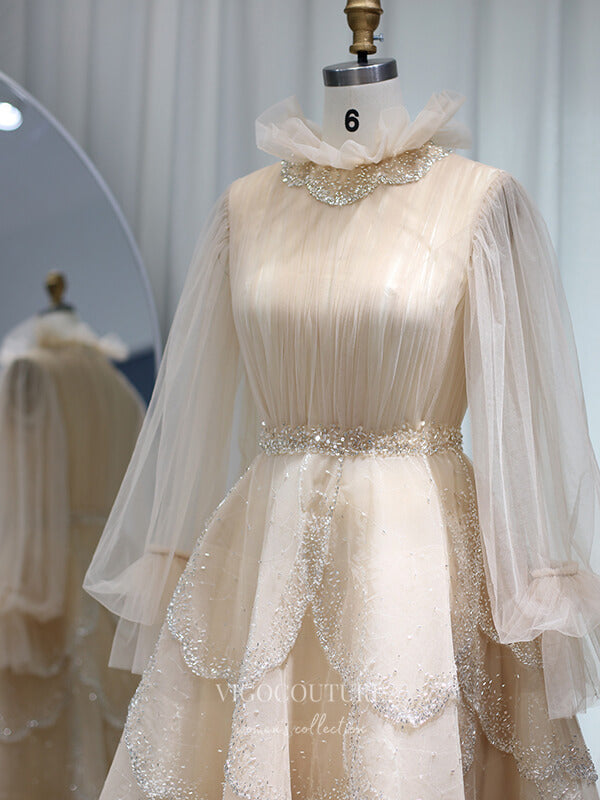 Champagne Layered Tea-Length Prom Dresses Long Sleeve Evening Dress 22166 Champagne / US4 Champagne Layered Tea-Length Prom Dresses Long Sleeve Evening Dress 22166 Champagne / US4