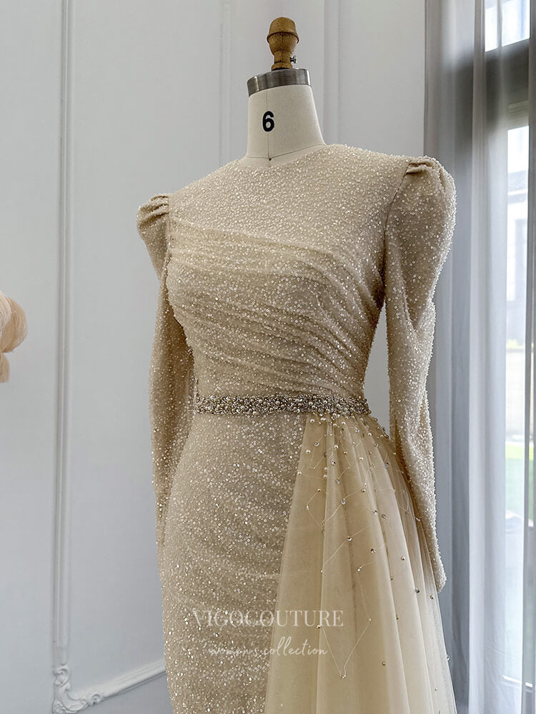 Prom Dress 2025 Champagne Long Sleeve Prom Dresses Overskirt 1920s Evening Dress 22157-unique elegant Prom Dresses-Champagne-US2-vigocouture