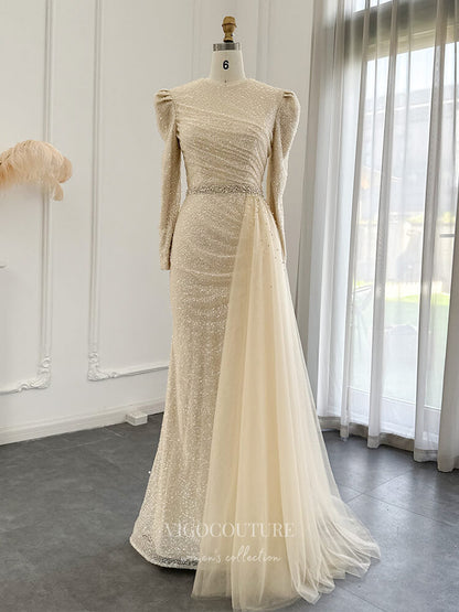 Champagne Long Sleeve Prom Dresses Overskirt 1920s Evening Dress 22157 – vigocouture