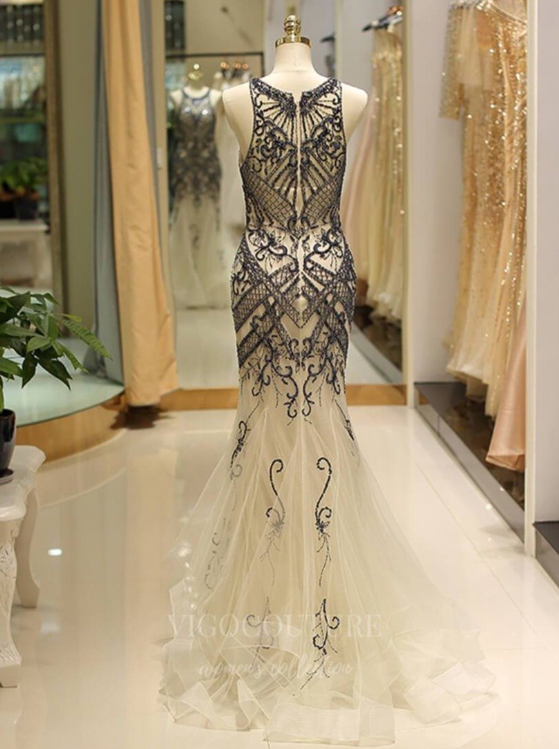 Prom Dress 2025 Champagne Mermaid Beaded Prom Dress 20277-unique elegant Prom Dresses-Champagne-US2-vigocouture