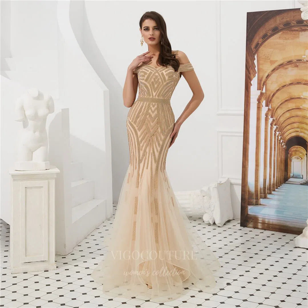 Prom Dress 2025 Champagne Mermaid Beaded Prom Dress 20284-unique elegant Prom Dresses-Champagne-US2-vigocouture