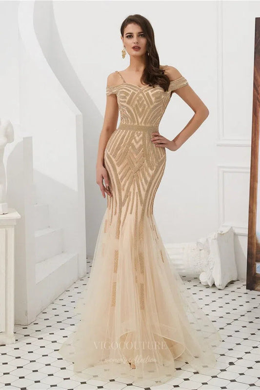 Prom Dress 2025 Champagne Mermaid Beaded Prom Dress 20284-unique elegant Prom Dresses-Champagne-US2-vigocouture