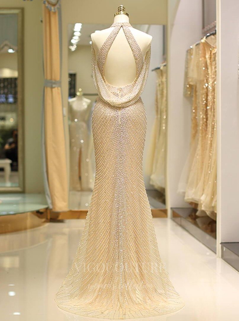 Prom Dress 2025 Champagne Mermaid Beaded Prom Dress 20289-unique elegant Prom Dresses-Champagne-US2-vigocouture