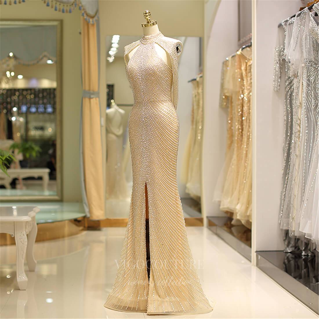 Prom Dress 2025 Champagne Mermaid Beaded Prom Dress 20289-unique elegant Prom Dresses-Champagne-US2-vigocouture