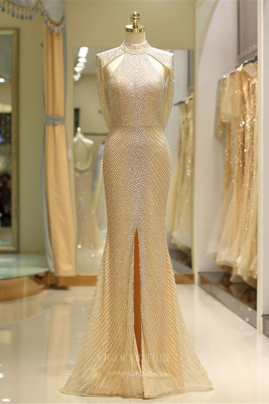 Prom Dress 2025 Champagne Mermaid Beaded Prom Dress 20289-unique elegant Prom Dresses-Champagne-US2-vigocouture