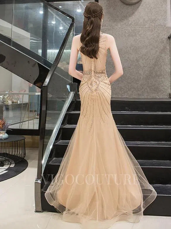 Prom Dress 2025 Champagne Mermaid Evening Dresses High Neck Beaded Prom Dresses 20069-unique elegant Prom Dresses-Champagne-US2-vigocouture