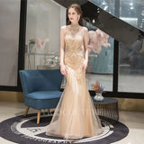 Prom Dress 2025 Champagne Mermaid Evening Dresses High Neck Beaded Prom Dresses 20069-unique elegant Prom Dresses-Champagne-US2-vigocouture