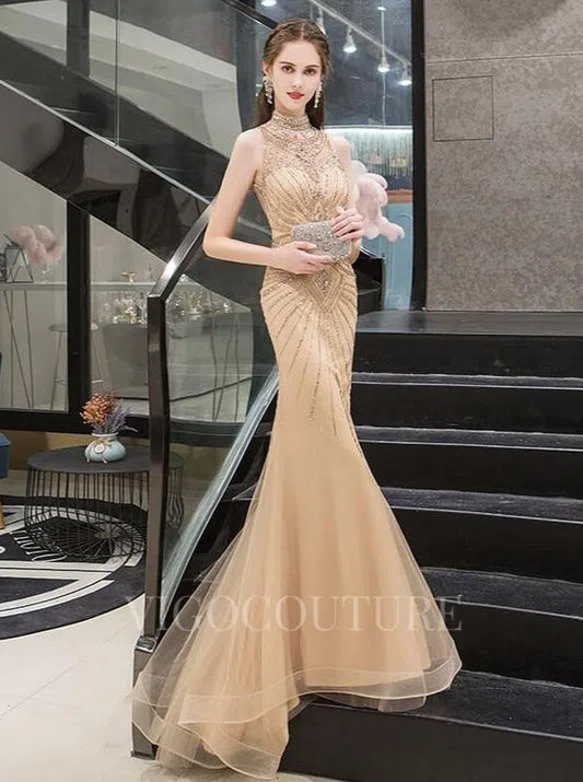 Prom Dress 2025 Champagne Mermaid Evening Dresses High Neck Beaded Prom Dresses 20069-unique elegant Prom Dresses-Champagne-US2-vigocouture