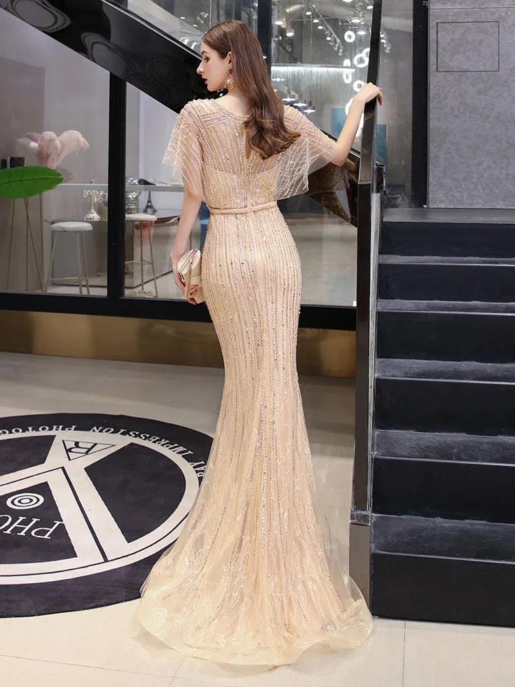 Prom Dress 2025 Champagne Mermaid Prom Gown V-neck Beaded Prom Dresses 20138-unique elegant Prom Dresses-Champagne-US2-vigocouture