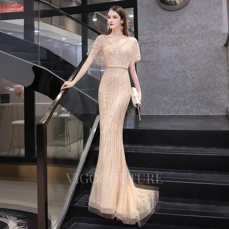 Prom Dress 2025 Champagne Mermaid Prom Gown V-neck Beaded Prom Dresses 20138-unique elegant Prom Dresses-Champagne-US2-vigocouture