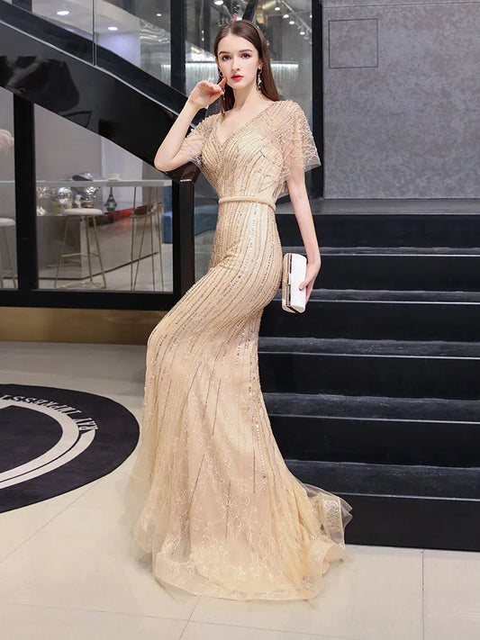 Prom Dress 2025 Champagne Mermaid Prom Gown V-neck Beaded Prom Dresses 20138-unique elegant Prom Dresses-Champagne-US2-vigocouture