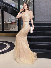 Champagne Mermaid Prom Gown V-neck Beaded Prom Dresses 20138