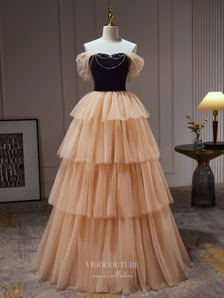 Prom Dress 2025 Champagne Off the Shoulder Prom Dresses 2024 Velvet Bodice Tiered Bottom 24251-unique elegant Prom Dresses-Champagne-Custom Size-vigocouture