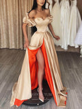 Champagne Off the Shoulder Prom Dresses With Slit Satin A-Line Evening Dress 21776