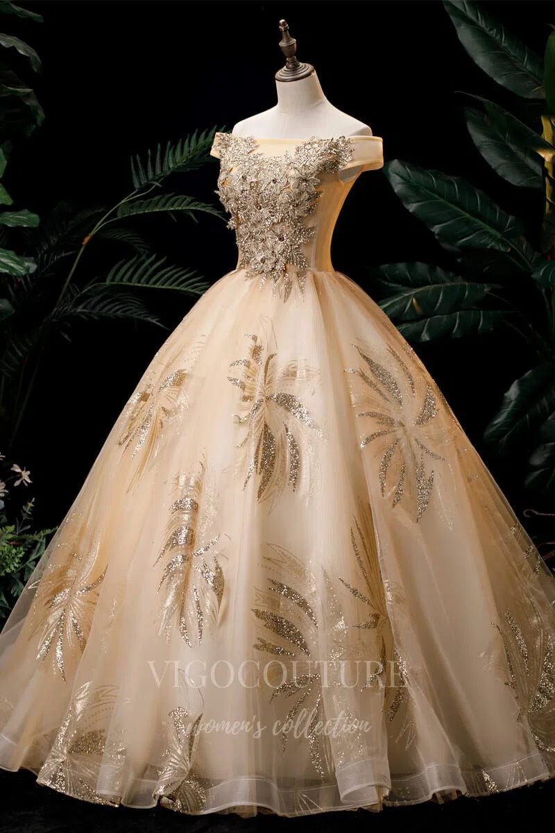 vigocouture-Champagne Off the Shoulder Quinceañera Dresses Lace Applique Ball Gown 20467-Prom Dresses-vigocouture-Champagne-Custom Size-