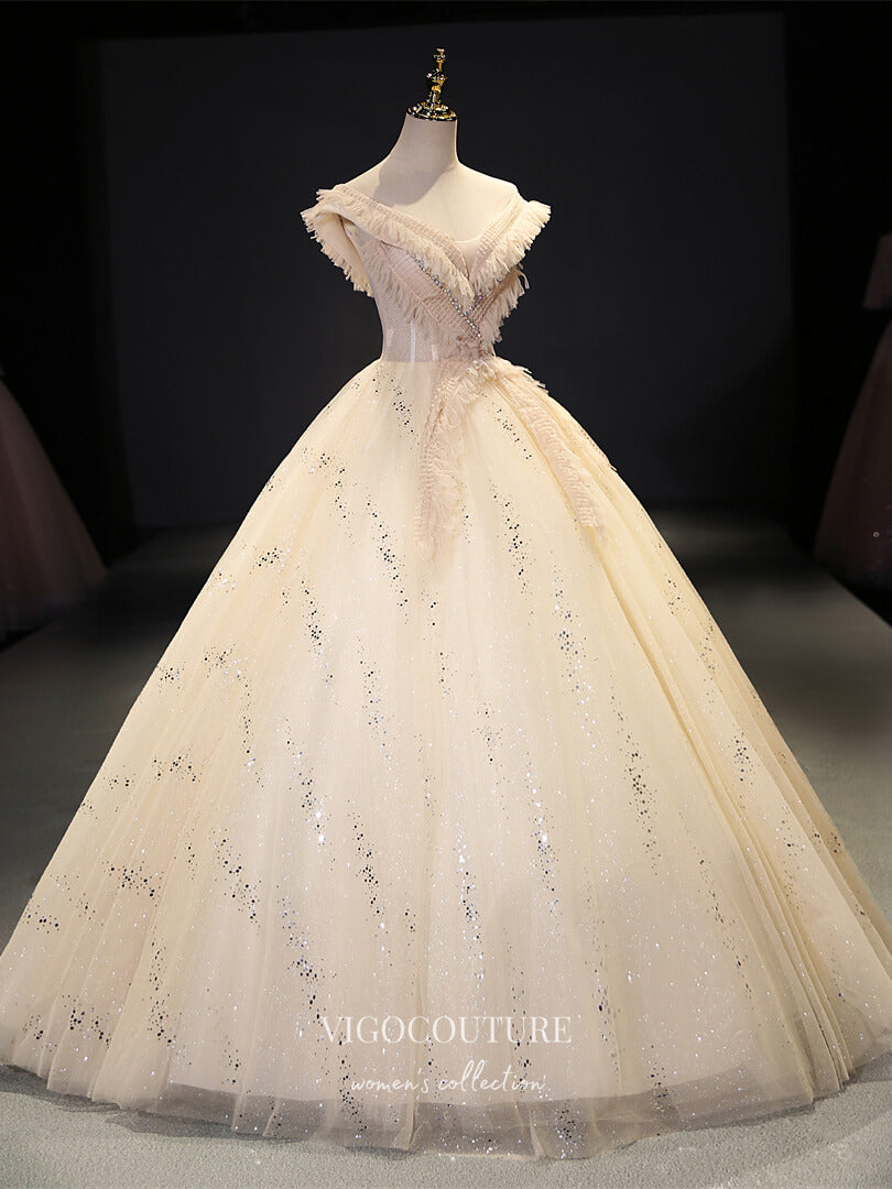 Champagne Off the Shoulder Quinceanera Dresses Sparkly Tulle Sweet 16 vigocouture Champagne Off the Shoulder Quinceanera Dresses Sparkly Tulle Sweet 16 vigocouture