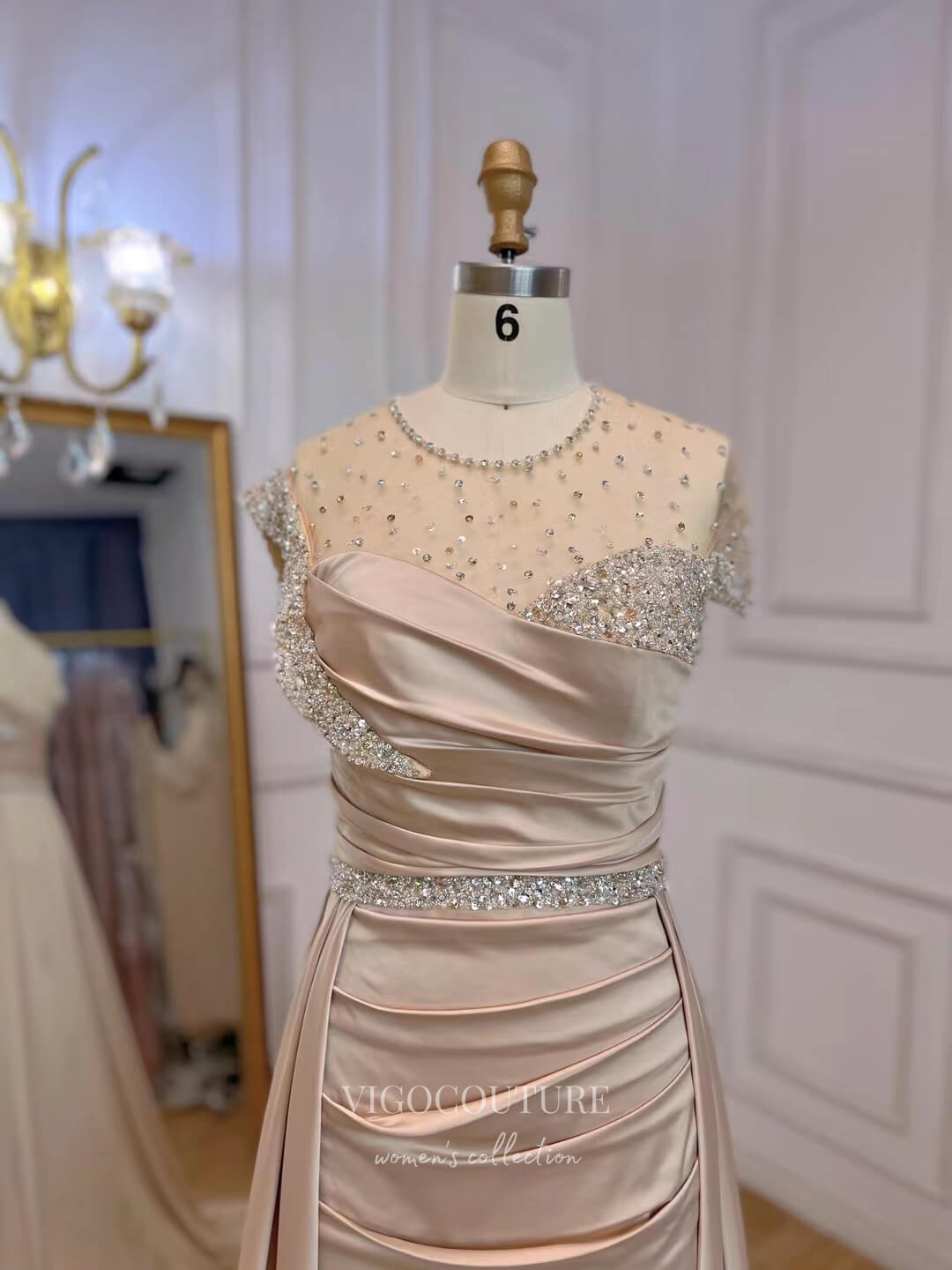 Champagne Overskirt Prom Dresses Sheath Satin Mother of the Bride Dres vigocouture Champagne Overskirt Prom Dresses Sheath Satin Mother of the Bride Dres vigocouture