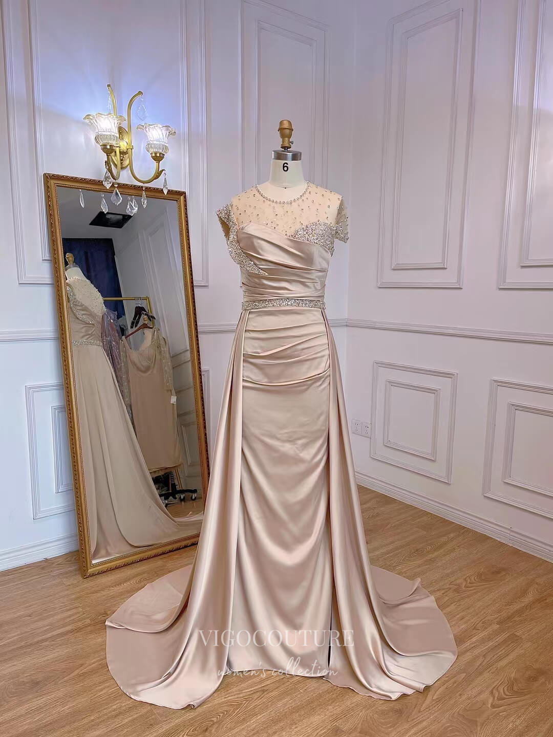 Prom Dress 2025 Champagne Overskirt Prom Dresses Sheath Satin Mother of the Bride Dresses 22119-unique elegant Prom Dresses-Champagne-US2-vigocouture